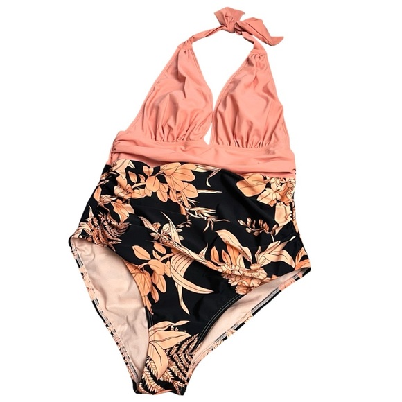 Cupshe M Coral Retro Boho Floral Halter Neck Tummy Control One-Piece Swimsuit - Picture 3 of 10